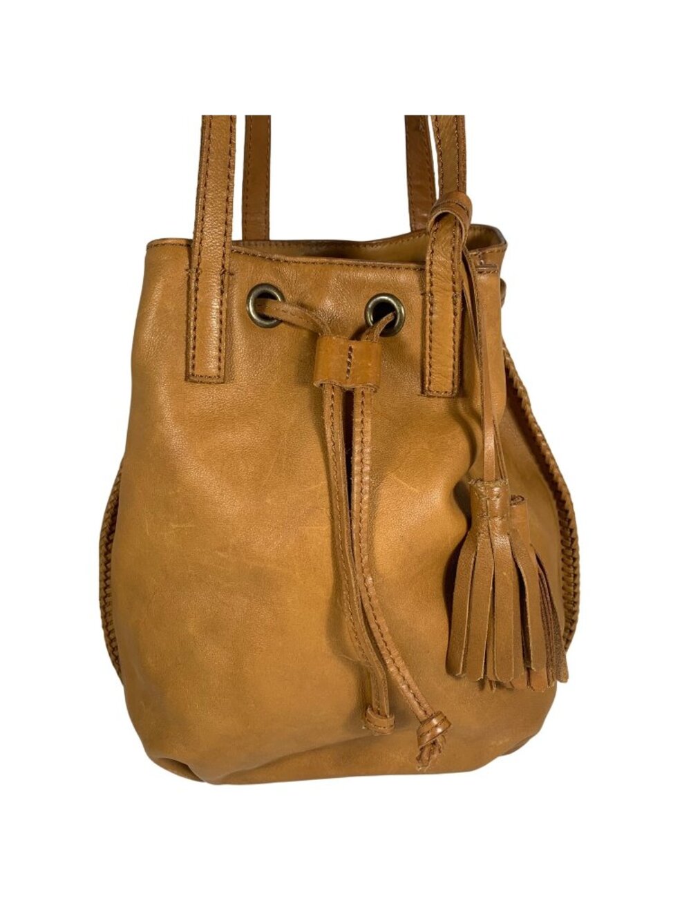 LUCKY BRAND Camel Tan Leather Drawstring Bucket Shoulder Bag Tassel Charm VTG